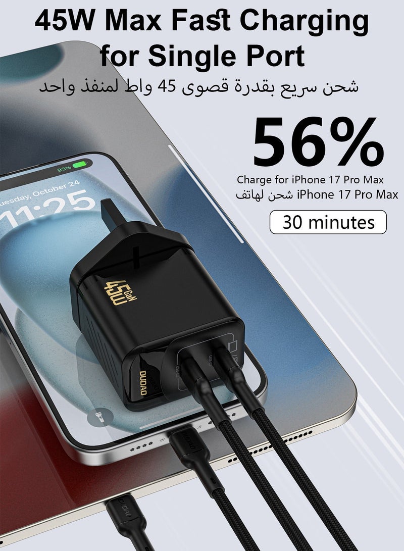 دوداو شاحن سريع 45 واط GaN بمنفذي USB-C مزدوجين مع كابل USB-C بقدرة 65 واط، شاحن جداري PD3.0 PPS صغير الحجم، شاحن تايب سي متوافق مع سامسونج Galaxy و iPhone 15 و Huawei، شاحن USB C سريع مع تحكم ذكي في درجة الحرارة - Image 3